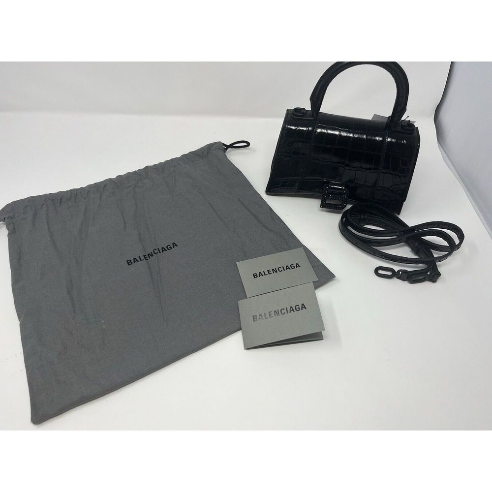 BALENCIAGA Hourglass Extra Small Top Handle Handbag Crocodile Embossed XS Black - Picture 9 of 15